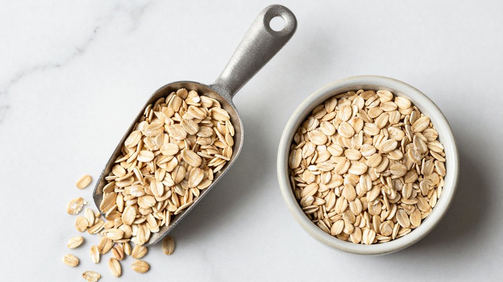 A half cup measuring scoop of dry oats showing one oatmeal serving size on a marble counter