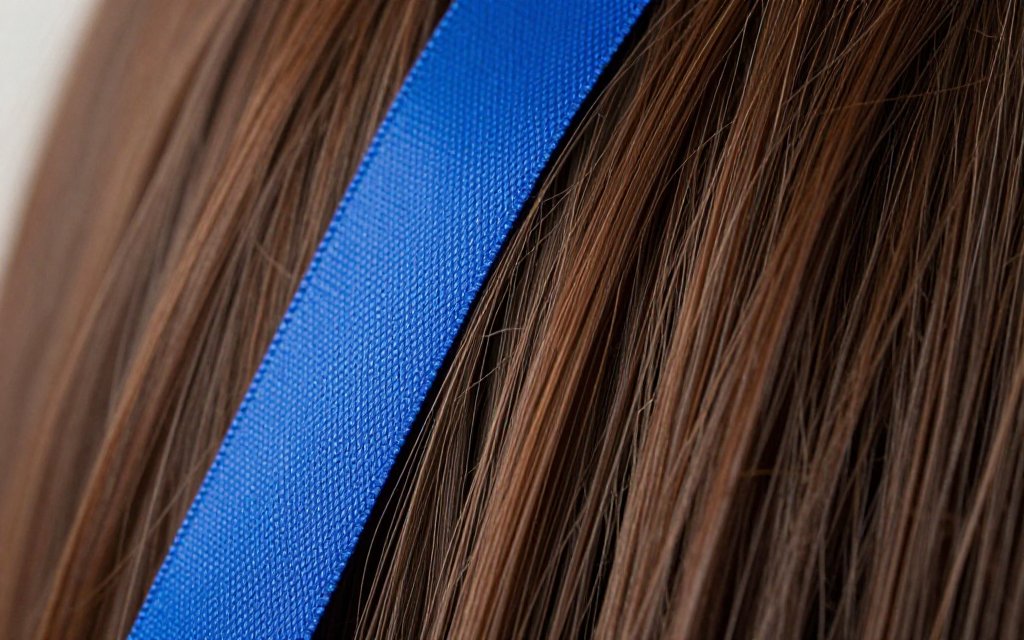 Macro shot of brown hair parting to reveal blue peekaboo hair color underneath the top layer