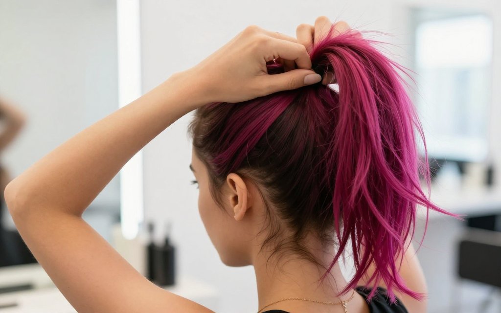 Woman tying a ponytail that exposes a hidden magenta peekaboo panel at the nape