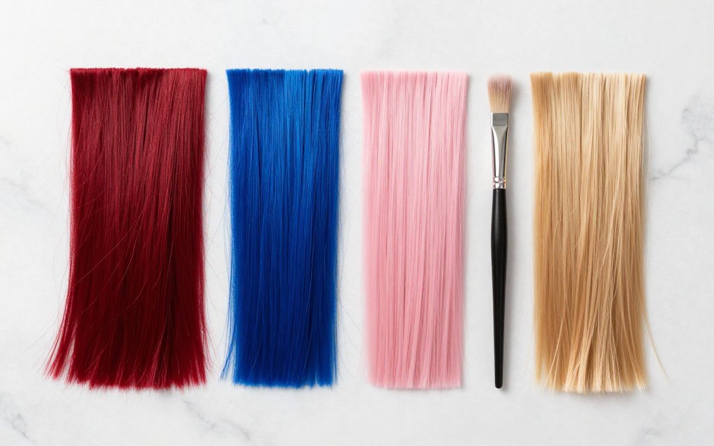Flat lay of peekaboo highlights color swatches in red, blue, pink, and blonde with salon tools