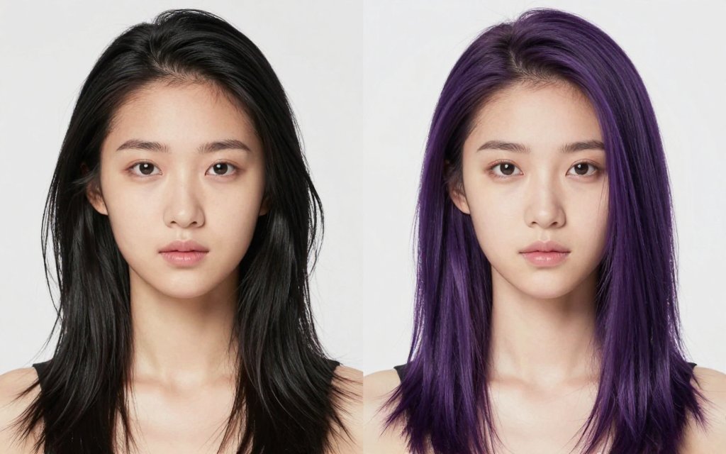 Comparison of black hair worn down and flipped to show violet peekaboo highlights on dark hair