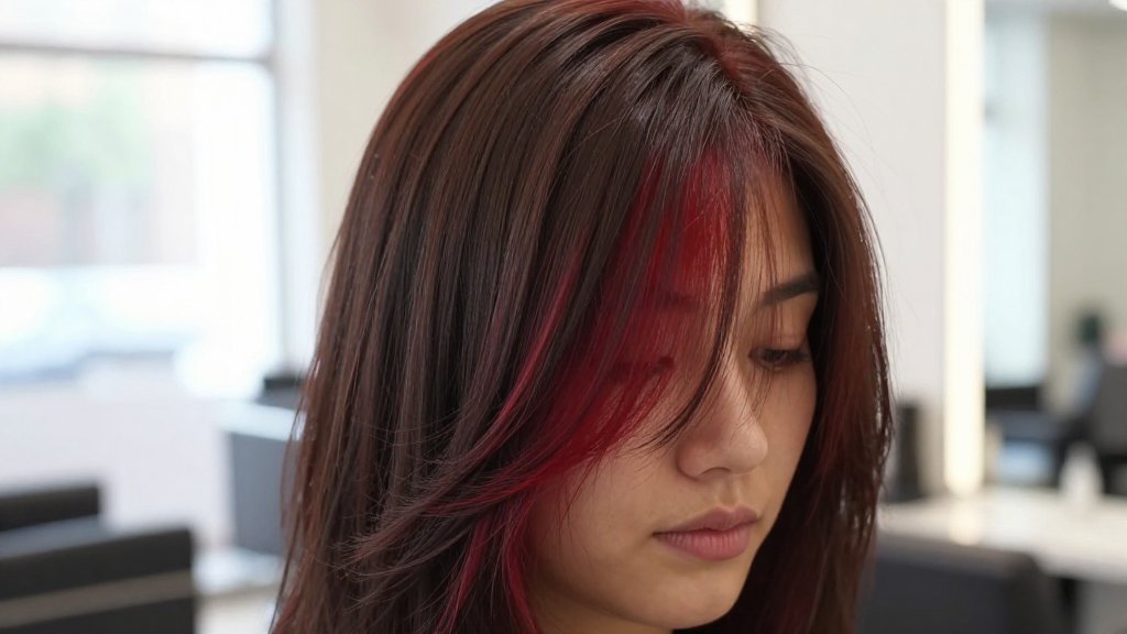 Woman flipping her hair to reveal a bright red peekaboo hair panel hidden under the top layer