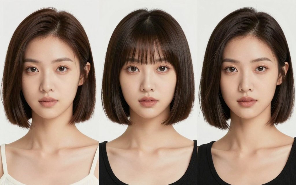 Three women with chin length bob haircuts suited to round, oval and square faces