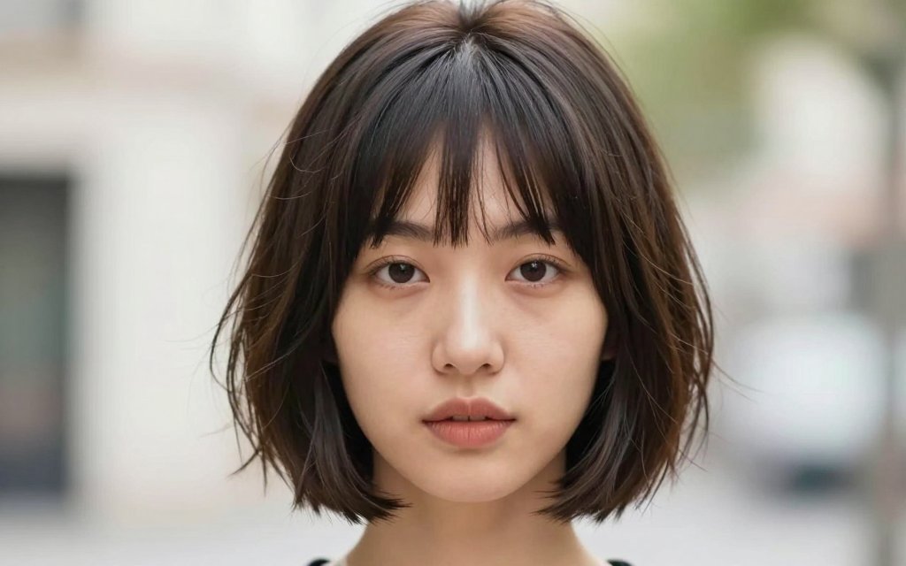 Woman with a french bob and short wispy bangs framing the eyes