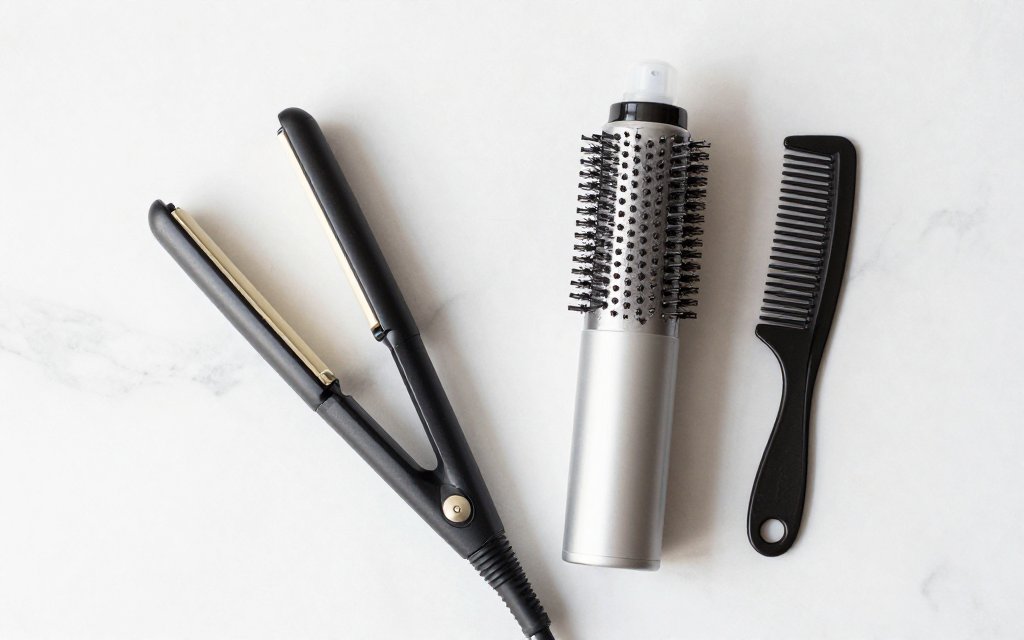 Flat lay of a flat iron and texture spray used to style a french bob at home