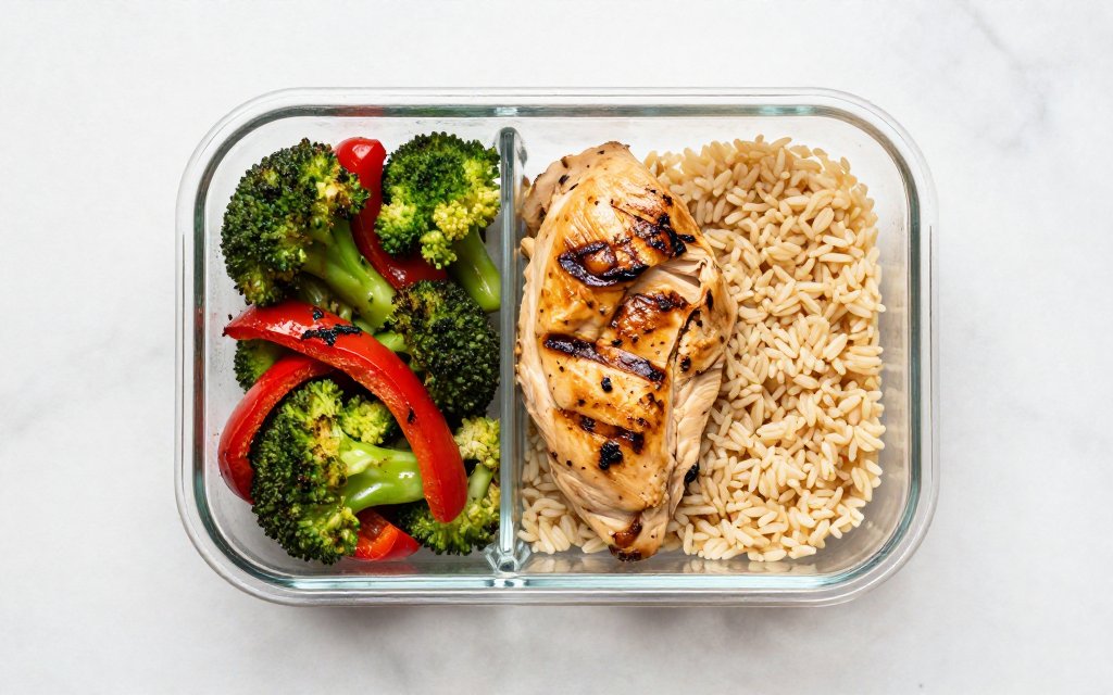 Top-down meal prep container split into vegetables, chicken and rice to keep calories in check.
