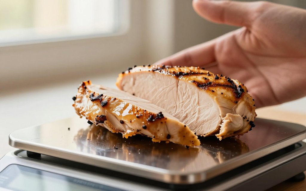Close up of a portioned grilled chicken breast for a high protein meal prep serving.