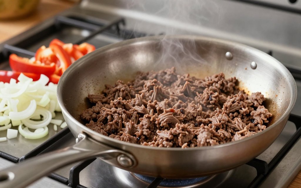 Ground beef browning in a pan for cheap high protein meal prep recipes.