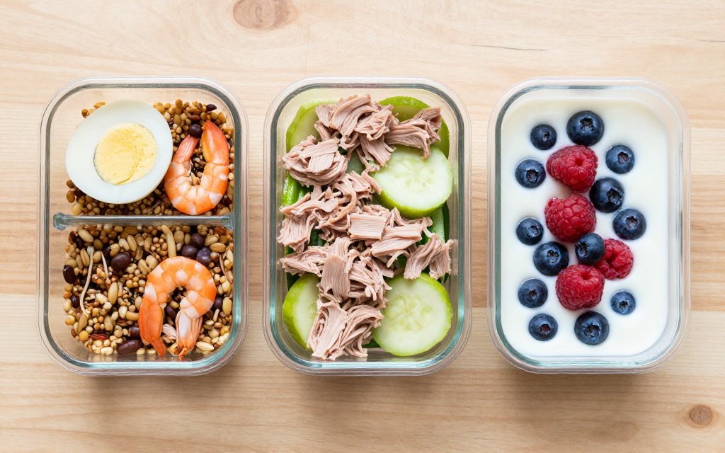 Three portioned lunch boxes showing low calorie lunch meal prep ideas side by side.