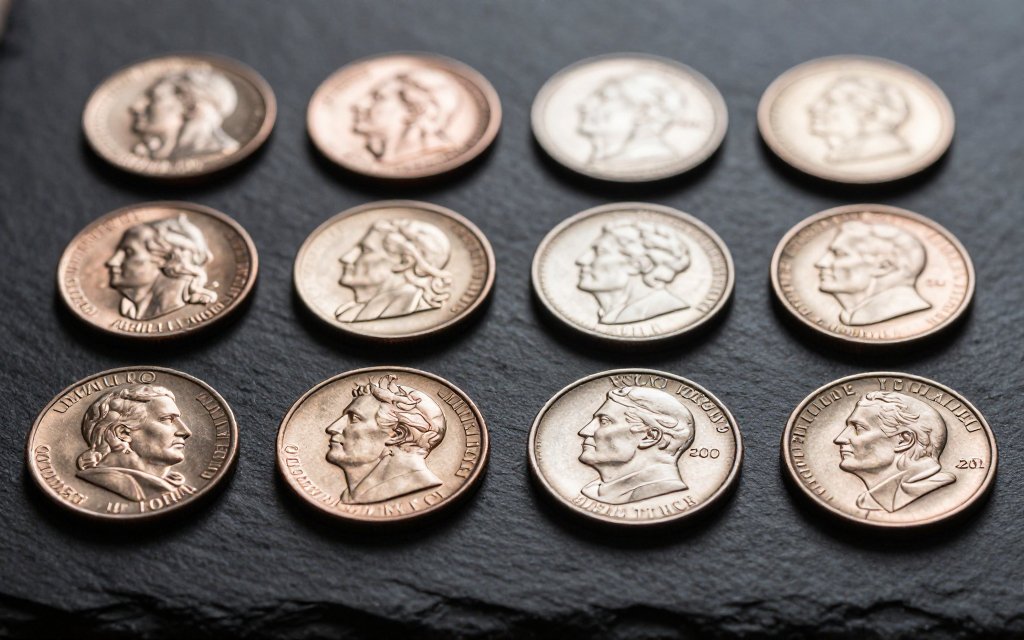 US coins arranged as reference weights to measure grams without a scale