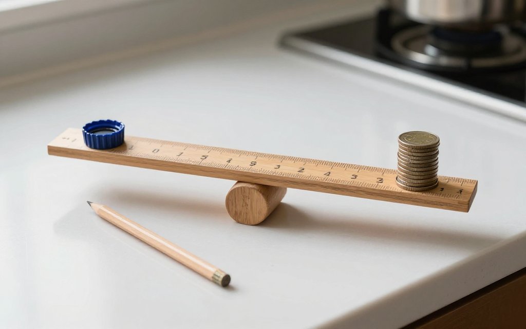 A homemade ruler and coin balance showing how to measure grams without a scale