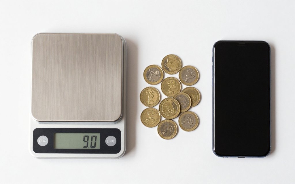 A kitchen scale, coins, and a phone app compared for weighing grams at home