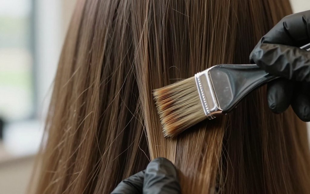 Close up of freehand balayage painting on brown mid lengths