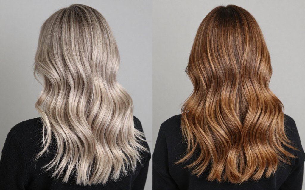 Blonde balayage and caramel balayage compared on two hair colors