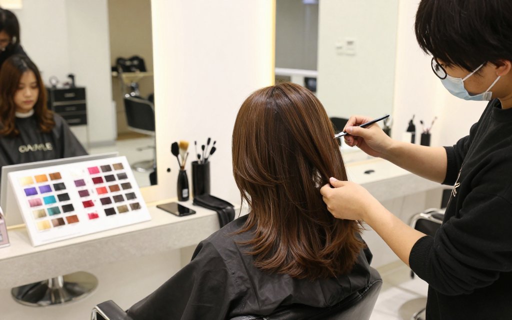 Colorist applying brunette balayage to a client in a salon