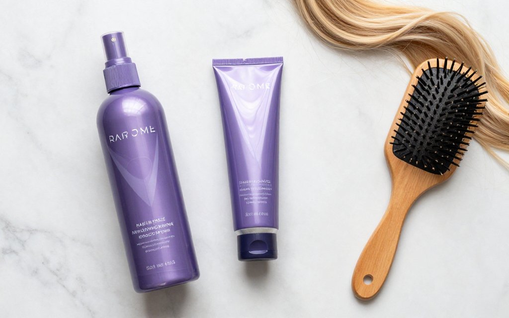 Flat lay of purple shampoo and gloss for balayage hair upkeep