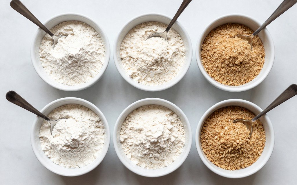 Four bowls of different flour types, all-purpose, bread, cake and whole wheat, compared side by side.