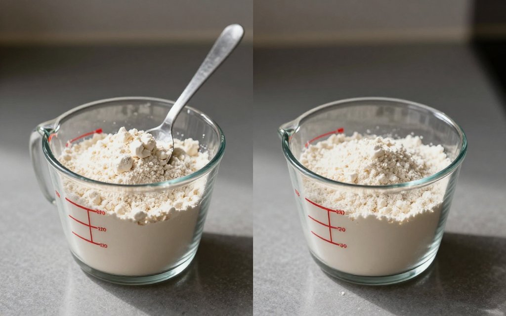 Two measuring cups showing how packing changes a cup of flour in grams.