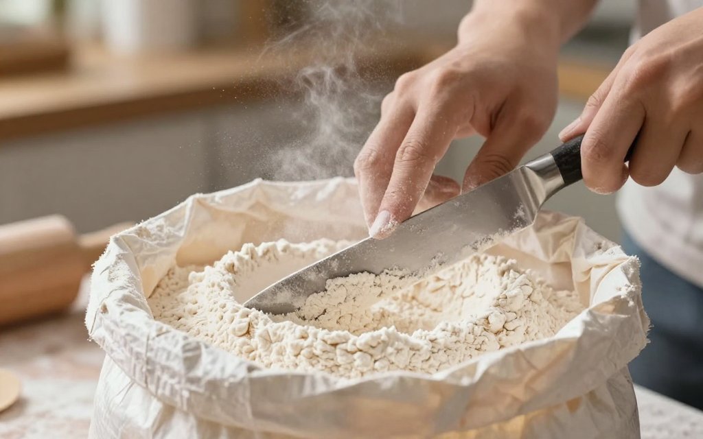 Hands leveling a cup of flour, the right way to measure flour without a scale.