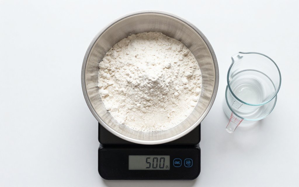 Flour on a scale at 500 grams beside nested measuring cups in a bright kitchen.