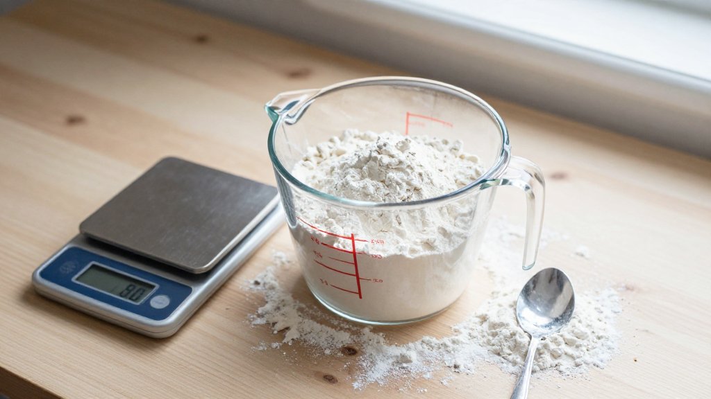 A measuring cup of flour next to a digital scale on a wooden counter, showing flour cups to grams.