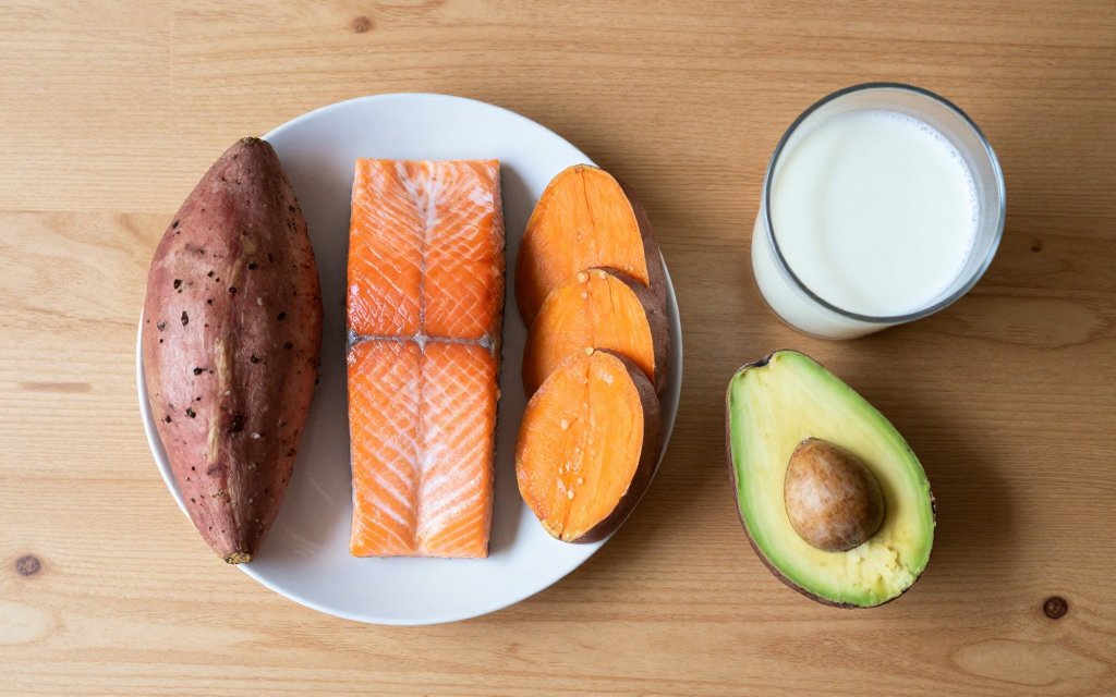 Top down view of a balanced meal for a lean bulk calorie target