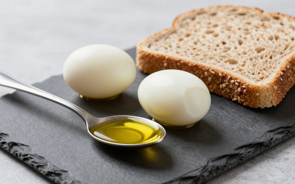 Olive oil, egg and bread comparing calories per gram of fat, protein and carbs