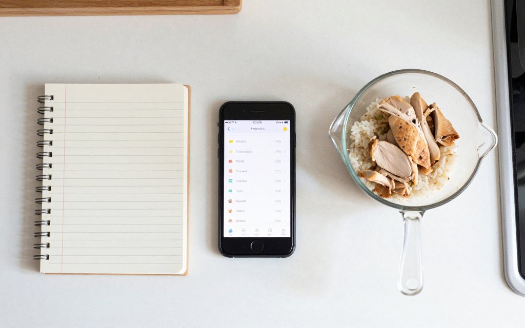 Logging a day of food to count macros for weight loss with an app and notebook