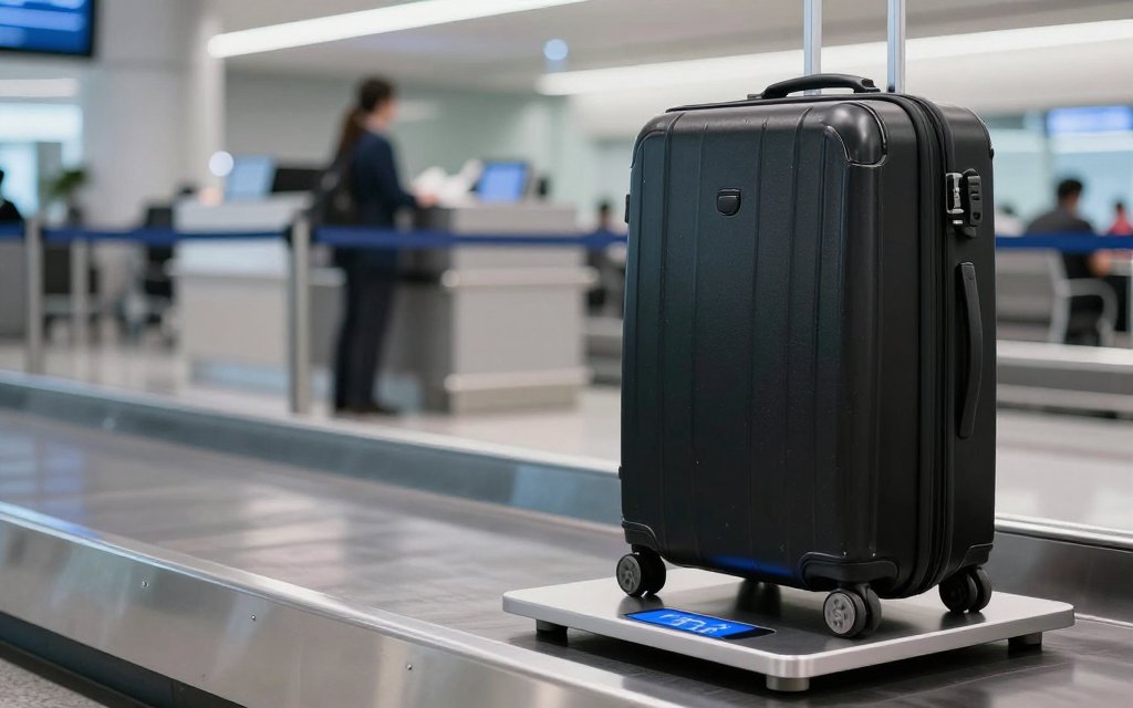A checked bag on an airport scale sitting right at the overweight baggage fees threshold.