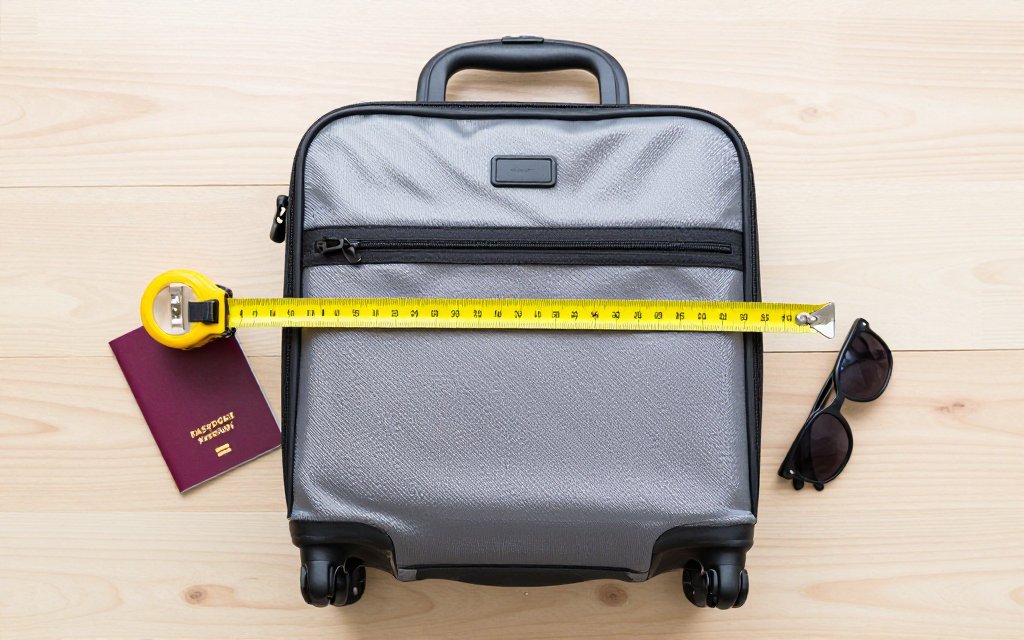 A carry on bag measured with a tape to meet the carry on weight limit and size rules.