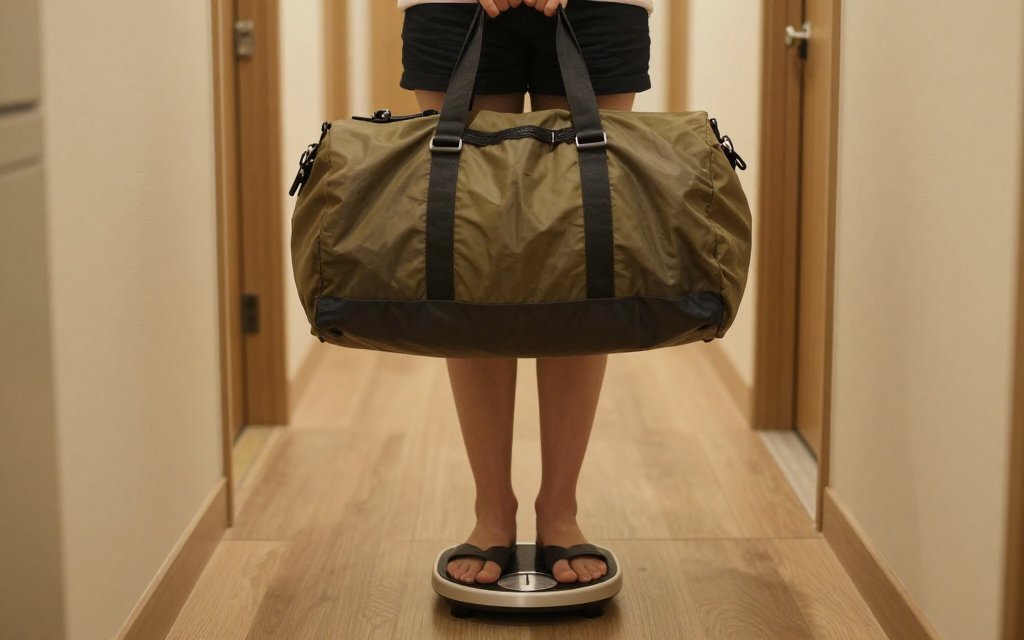 A traveler on a bathroom scale holding a bag, one way to weigh luggage without a scale.