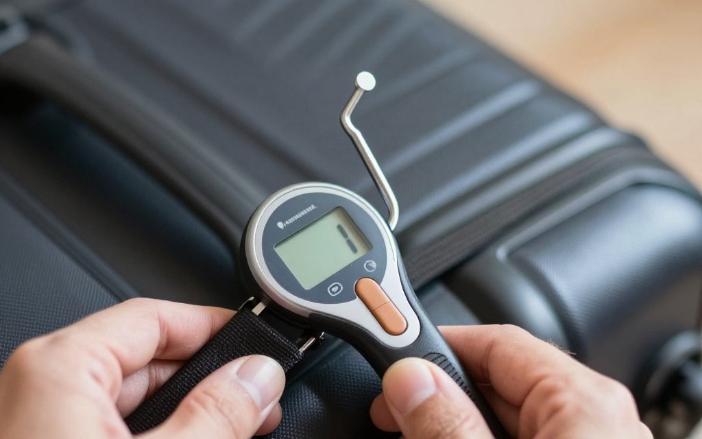 A handheld luggage scale clipped to a suitcase, a cheap way to stay under the luggage weight limit.
