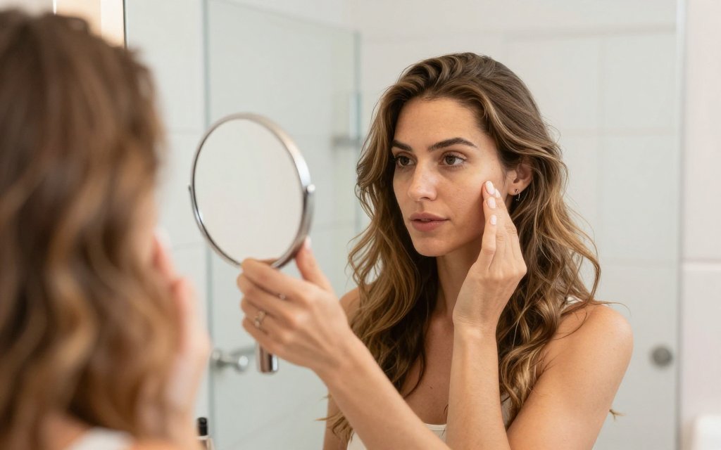 Woman studying her face shape and framing layers in a hand mirror