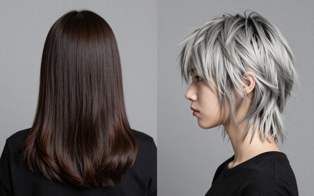Side by side of winged layers and a wolf cut on long hair