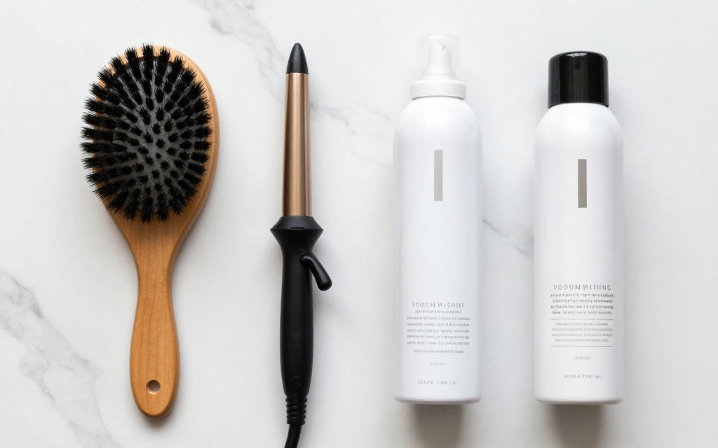 Flat lay of a round brush and curling iron for styling face framing layers