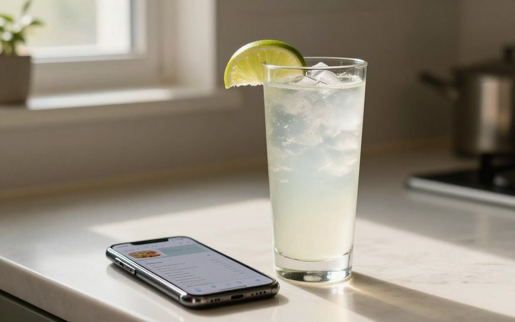 A cocktail beside a phone logging the calories in alcohol from one drink