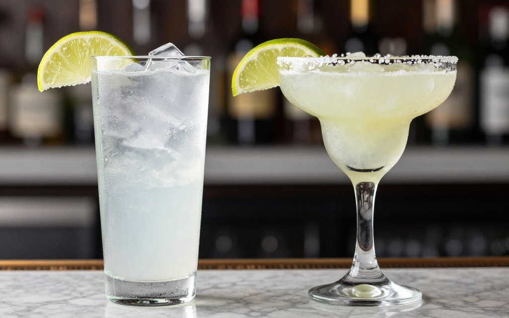 A vodka soda next to a frozen margarita comparing low calorie alcoholic drinks