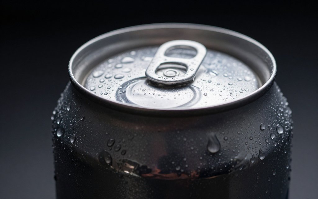 Macro close up of a cold light beer can with condensation on the metal