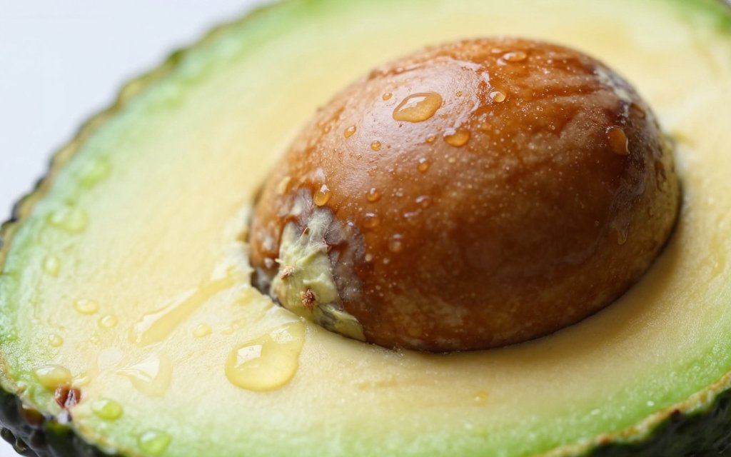 Macro of a halved avocado showing green flesh and pit, the edible part you weigh in grams