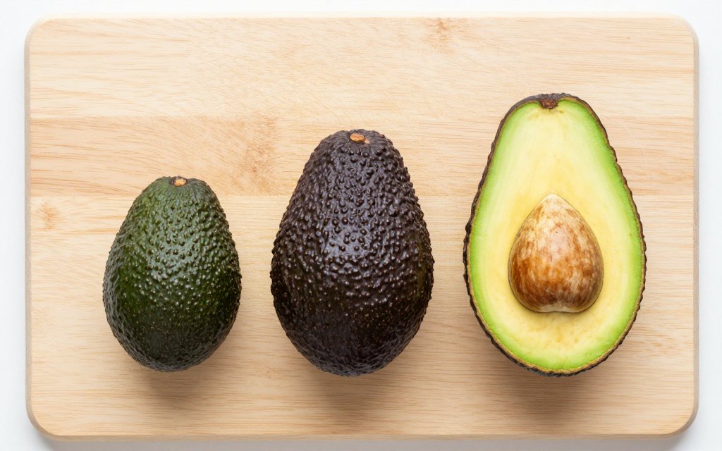 Three avocados from small to large, showing how weight changes the calories in a large avocado