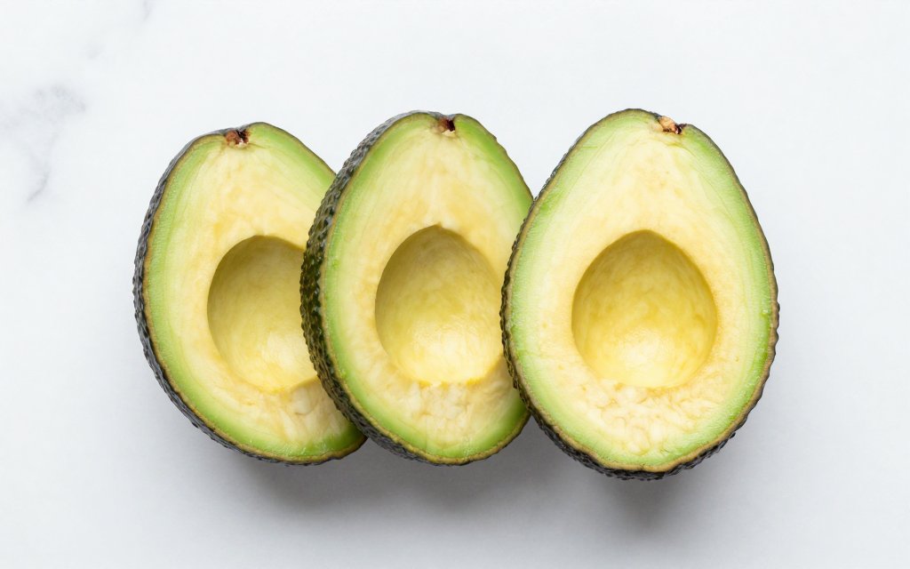 Overhead view of an avocado cut into thirds to show one 50 gram serving portion