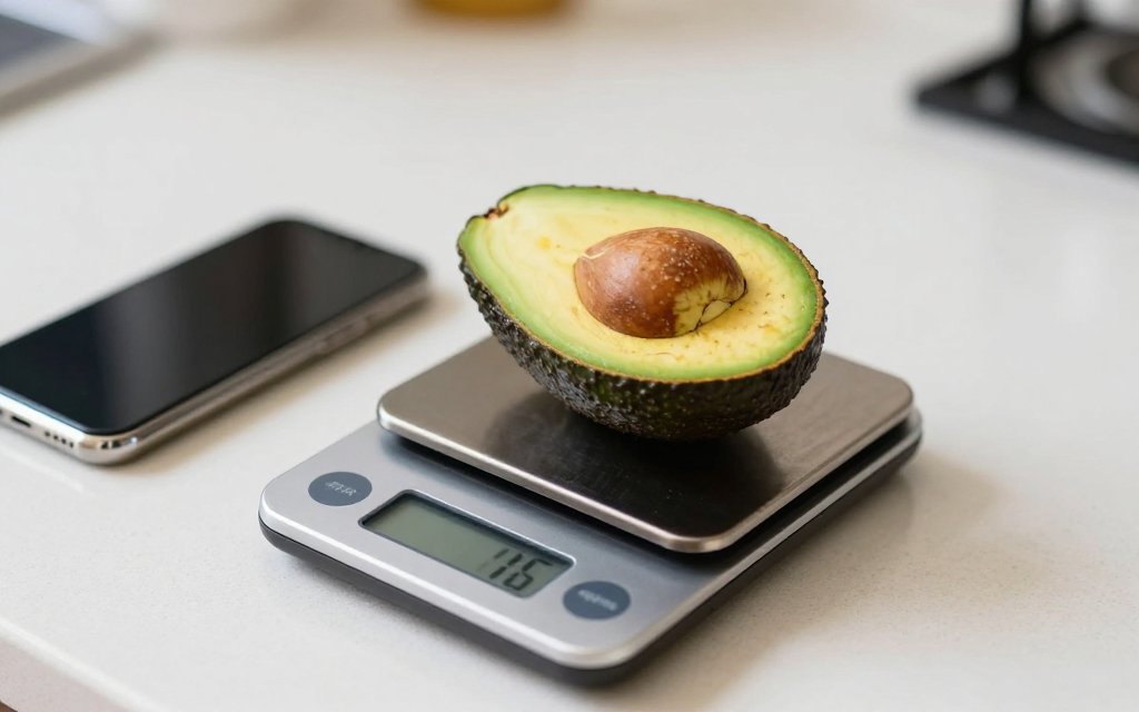 Avocado flesh on a small digital scale next to a phone, weighing an avocado in grams