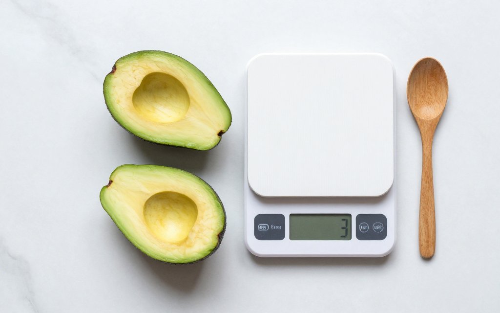 Top down flat lay of avocado halves beside a food scale used to weigh a serving for calorie tracking