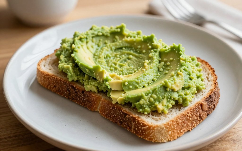 Mashed avocado on whole grain toast, a common serving that shows avocado fat content on a real plate
