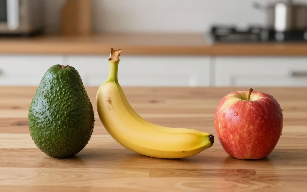 An avocado beside a banana and an apple, comparing avocado fruit calories with much lighter fruit