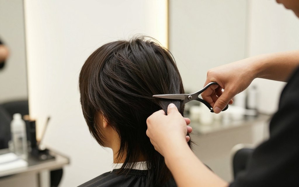 Stylist cutting long layers, one of the best haircuts for square face shapes, in a salon