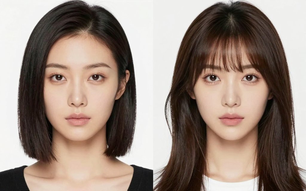 Before and after comparison of a blunt bob versus curtain bangs and long layers on a square face