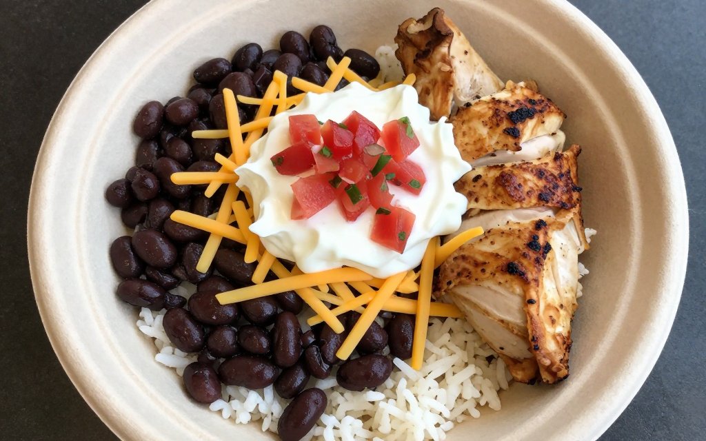 Top down chicken burrito bowl used to explain Chipotle calories by ingredient