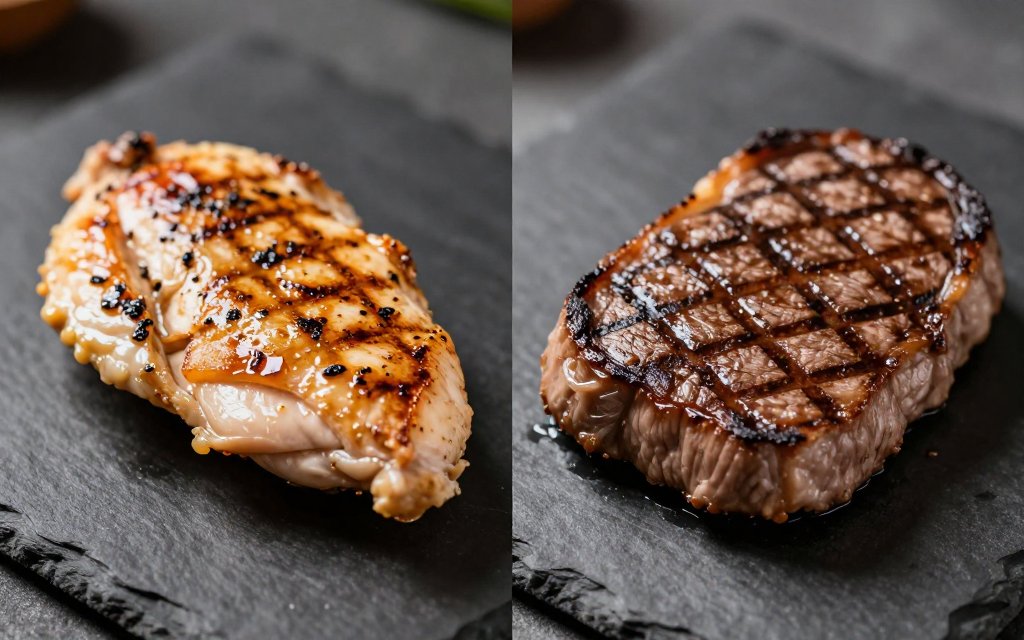 Grilled chicken beside steak comparing Chipotle calories and protein per serving