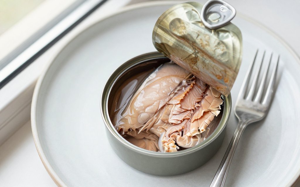Top down view of an open can of tuna in water showing how much protein in a can of tuna looks once drained